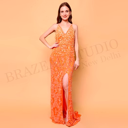 brazeal studio, dresse, orange with tonal embroidery and sequin work, evening gown / party wear dress