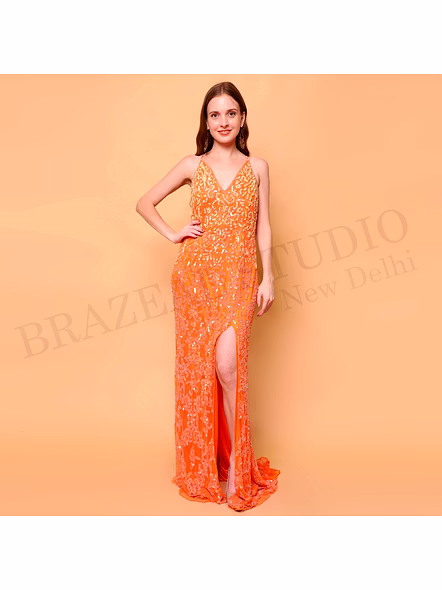 Brazeal Studio, Dresse, Orange With Tonal Embroidery And Sequin Work, Evening Gown / Party Wear Dress