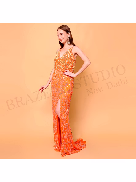 Brazeal Studio, Dresse, Orange With Tonal Embroidery And Sequin Work, Evening Gown / Party Wear Dress