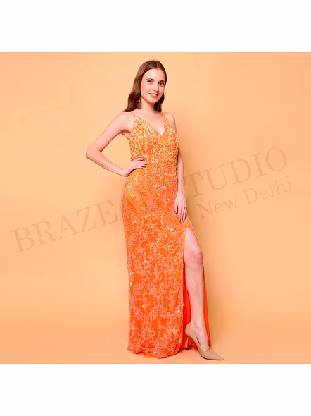 Brazeal Studio, Dresse, Orange With Tonal Embroidery And Sequin Work, Evening Gown / Party Wear Dress-2