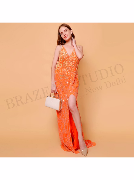 Brazeal Studio, Dresse, Orange With Tonal Embroidery And Sequin Work, Evening Gown / Party Wear Dress-3