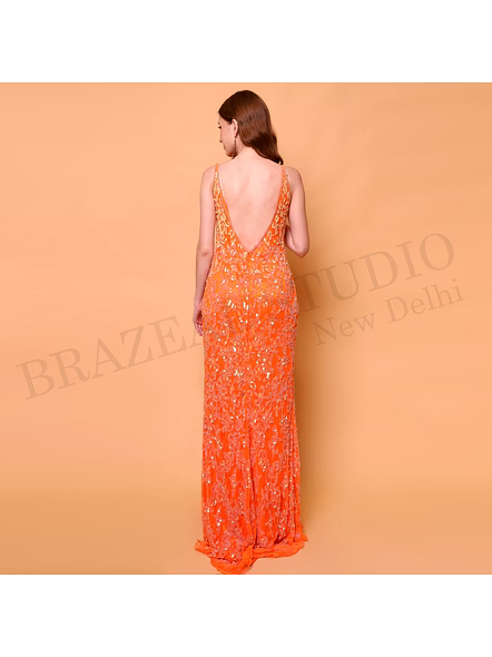 Brazeal Studio, Dresse, Orange With Tonal Embroidery And Sequin Work, Evening Gown / Party Wear Dress-5