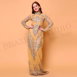 brazeal studio, dresse, golden with silver-tone embroidery and sequin work, evening gown / formal occasion dress
