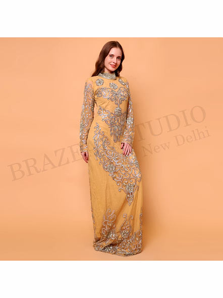 Brazeal Studio, Dresse, Golden With Silver-tone Embroidery And Sequin Work, Evening Gown / Formal Occasion Dress-2