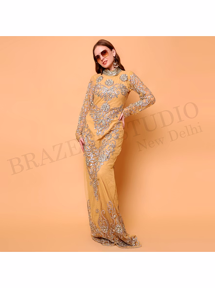 Brazeal Studio, Dresse, Golden With Silver-tone Embroidery And Sequin Work, Evening Gown / Formal Occasion Dress-5
