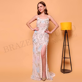 brazeal studio, dresse, ivory with multicolor pastel embroidery and sequin work, evening gown / formal occasion dress