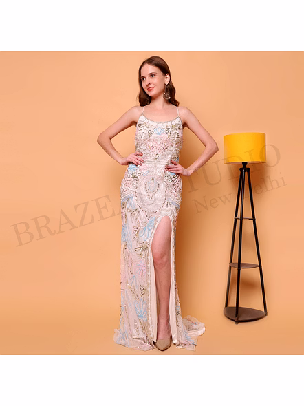 Brazeal Studio, Dresse, Ivory With Multicolor Pastel Embroidery And Sequin Work, Evening Gown / Formal Occasion Dress