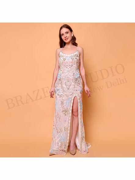 Brazeal Studio, Dresse, Ivory With Multicolor Pastel Embroidery And Sequin Work, Evening Gown / Formal Occasion Dress