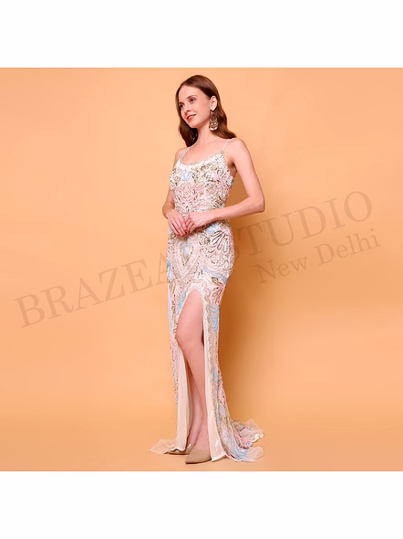 Brazeal Studio, Dresse, Ivory With Multicolor Pastel Embroidery And Sequin Work, Evening Gown / Formal Occasion Dress-2