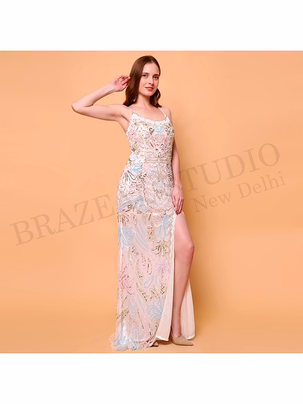 Brazeal Studio, Dresse, Ivory With Multicolor Pastel Embroidery And Sequin Work, Evening Gown / Formal Occasion Dress-3