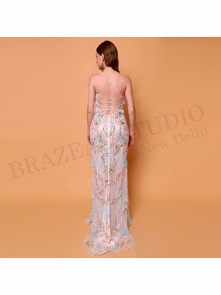 Brazeal Studio, Dresse, Ivory With Multicolor Pastel Embroidery And Sequin Work, Evening Gown / Formal Occasion Dress-5