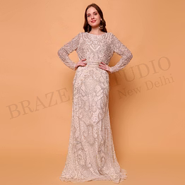brazeal studio, dresse, beige with tonal embroidery and sequin embellishment, evening gown / formal occasion dress