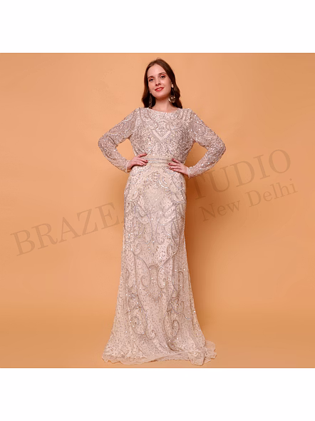 Brazeal Studio, Dresse, Beige With Tonal Embroidery And Sequin Embellishment, Evening Gown / Formal Occasion Dress