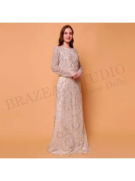 Brazeal Studio, Dresse, Beige With Tonal Embroidery And Sequin Embellishment, Evening Gown / Formal Occasion Dress-2