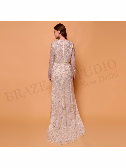 Brazeal Studio, Dresse, Beige With Tonal Embroidery And Sequin Embellishment, Evening Gown / Formal Occasion Dress-4