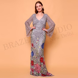brazeal studio, dresse, grey with multicolor floral embroidery, evening gown / party wear dress