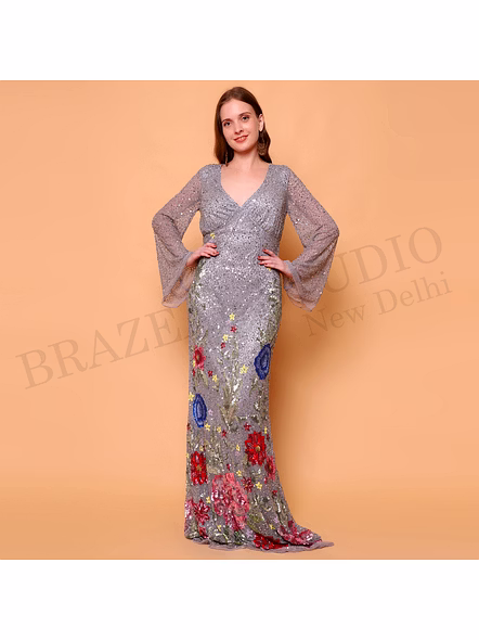 Brazeal Studio, Dresse, Grey With Multicolor Floral Embroidery, Evening Gown / Party Wear Dress