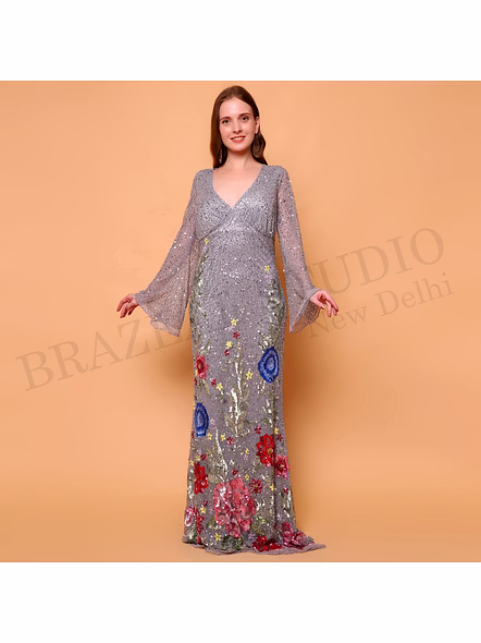Brazeal Studio, Dresse, Grey With Multicolor Floral Embroidery, Evening Gown / Party Wear Dress