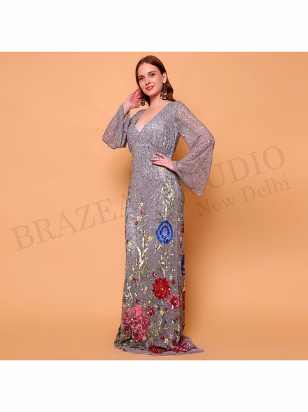 Brazeal Studio, Dresse, Grey With Multicolor Floral Embroidery, Evening Gown / Party Wear Dress-2
