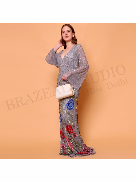 Brazeal Studio, Dresse, Grey With Multicolor Floral Embroidery, Evening Gown / Party Wear Dress-6
