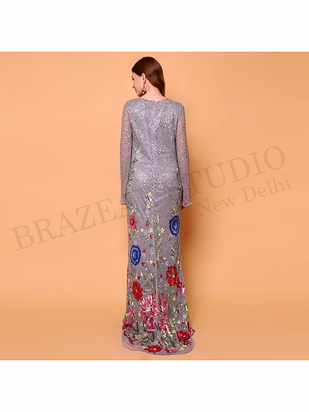 Brazeal Studio, Dresse, Grey With Multicolor Floral Embroidery, Evening Gown / Party Wear Dress-7