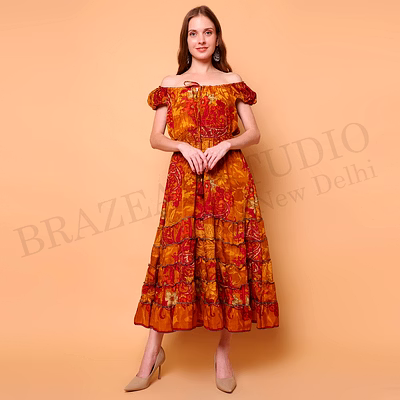 brazeal studio, dresse, mustard with red floral print, maxi dress / boho dress / casual wear