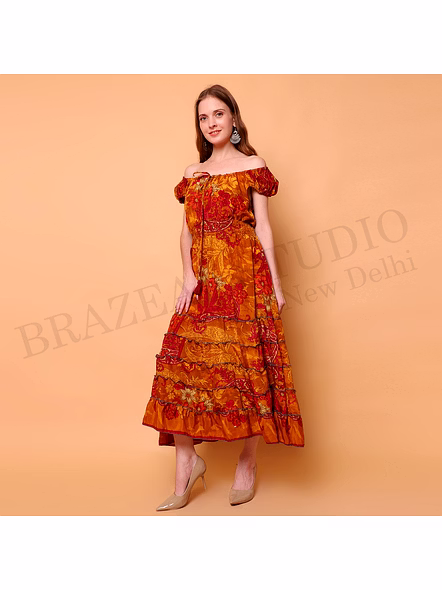 Brazeal Studio, Dresse, Mustard With Red Floral Print, Maxi Dress / Boho Dress / Casual Wear