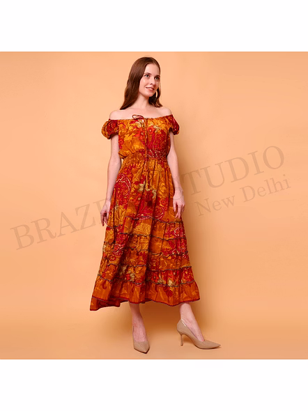 Brazeal Studio, Dresse, Mustard With Red Floral Print, Maxi Dress / Boho Dress / Casual Wear-2
