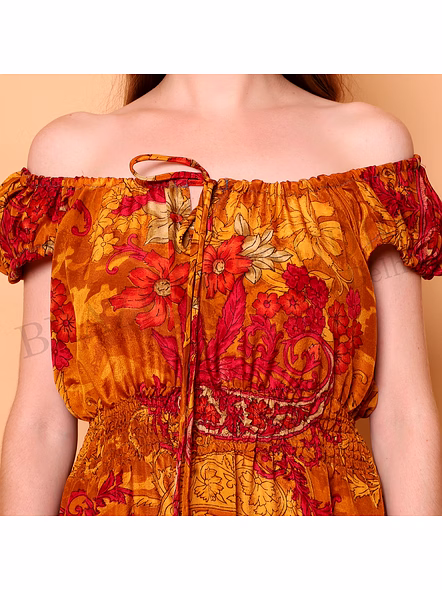 Brazeal Studio, Dresse, Mustard With Red Floral Print, Maxi Dress / Boho Dress / Casual Wear-3