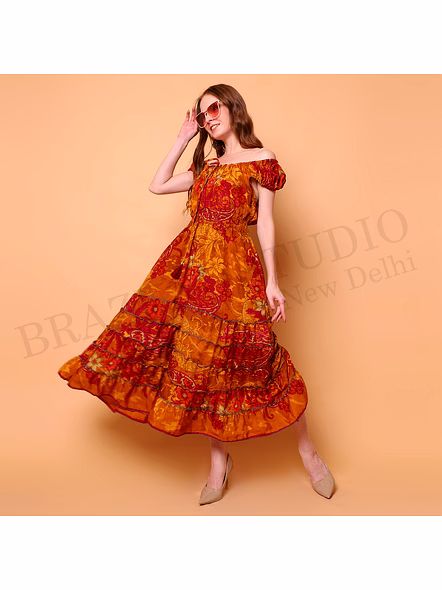 Brazeal Studio, Dresse, Mustard With Red Floral Print, Maxi Dress / Boho Dress / Casual Wear-5