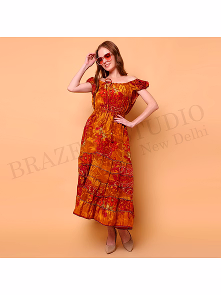 Brazeal Studio, Dresse, Mustard With Red Floral Print, Maxi Dress / Boho Dress / Casual Wear-6
