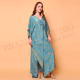 brazeal studio, kimono, turquoise blue with beige/golden floral print, kaftan dress / maxi dress / resort wear