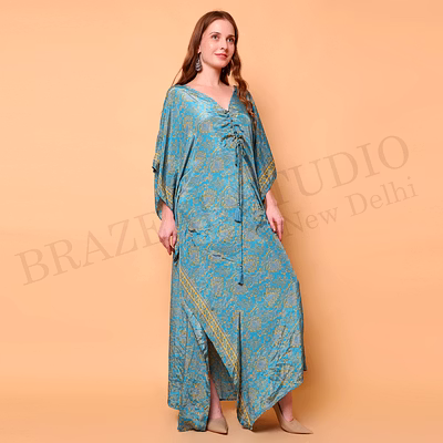 brazeal studio, kimono, turquoise blue with beige/golden floral print, kaftan dress / maxi dress / resort wear