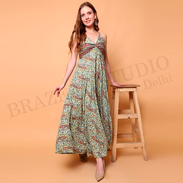 brazeal studio, strap, green base with multicolor paisley print, maxi dress / boho dress / summer wear
