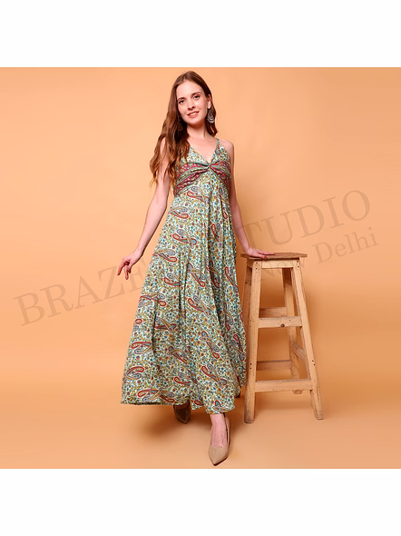 Brazeal Studio, Strap, Green Base With Multicolor Paisley Print, Maxi Dress / Boho Dress / Summer Wear