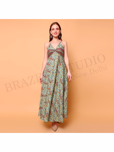 Brazeal Studio, Strap, Green Base With Multicolor Paisley Print, Maxi Dress / Boho Dress / Summer Wear
