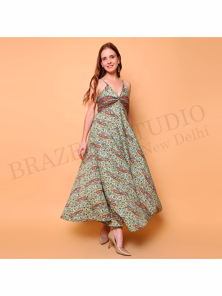 Brazeal Studio, Strap, Green Base With Multicolor Paisley Print, Maxi Dress / Boho Dress / Summer Wear-2