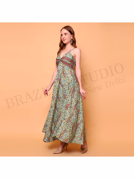 Brazeal Studio, Strap, Green Base With Multicolor Paisley Print, Maxi Dress / Boho Dress / Summer Wear-3