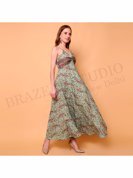 Brazeal Studio, Strap, Green Base With Multicolor Paisley Print, Maxi Dress / Boho Dress / Summer Wear-4