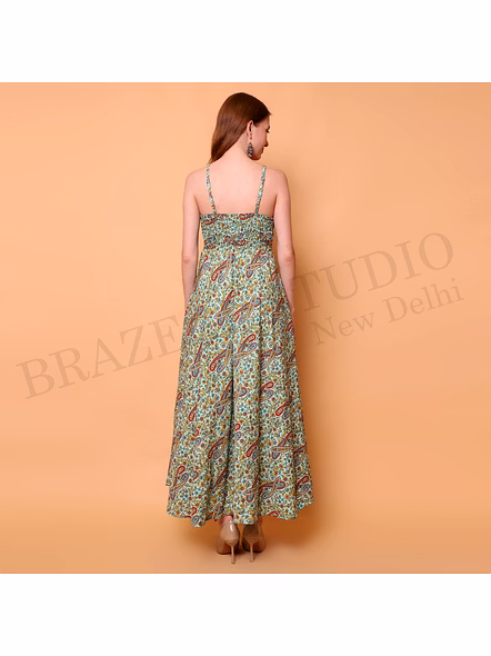 Brazeal Studio, Strap, Green Base With Multicolor Paisley Print, Maxi Dress / Boho Dress / Summer Wear-6