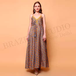 brazeal studio, dresse, blue base with orange printed motifs, women’s maxi dress / printed summer dress