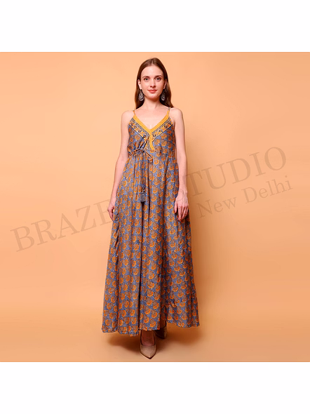 Brazeal Studio, Dresse, Blue Base With Orange Printed Motifs, Women’s Maxi Dress / Printed Summer Dress