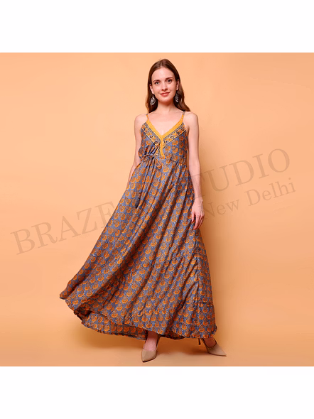 Brazeal Studio, Dresse, Blue Base With Orange Printed Motifs, Women’s Maxi Dress / Printed Summer Dress