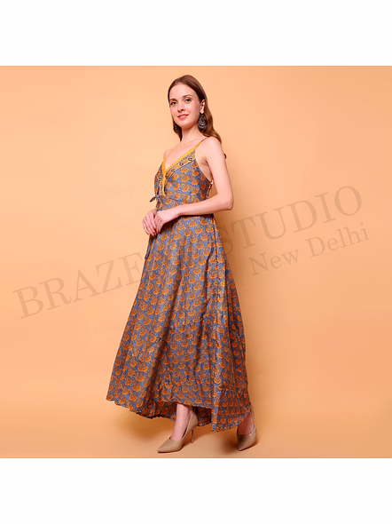 Brazeal Studio, Dresse, Blue Base With Orange Printed Motifs, Women’s Maxi Dress / Printed Summer Dress-2