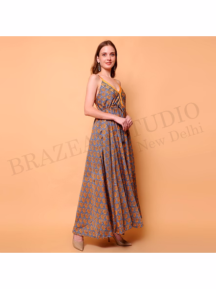 Brazeal Studio, Dresse, Blue Base With Orange Printed Motifs, Women’s Maxi Dress / Printed Summer Dress-3