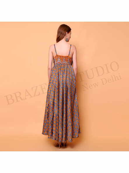 Brazeal Studio, Dresse, Blue Base With Orange Printed Motifs, Women’s Maxi Dress / Printed Summer Dress-4