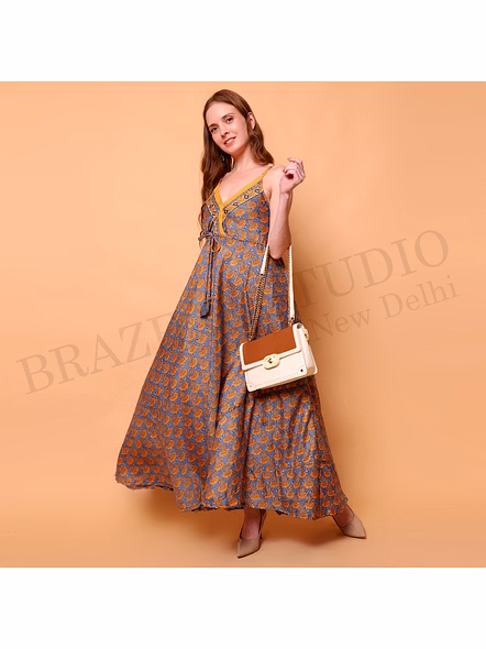 Brazeal Studio, Dresse, Blue Base With Orange Printed Motifs, Women’s Maxi Dress / Printed Summer Dress-6