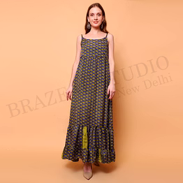 brazeal studio, dresse, blue with contrasting printed motifs, women’s maxi dress / printed summer dress