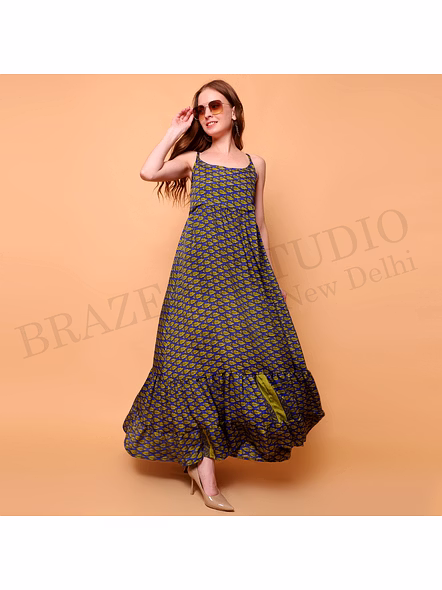 Brazeal Studio, Dresse, Blue With Contrasting Printed Motifs, Women’s Maxi Dress / Printed Summer Dress-5