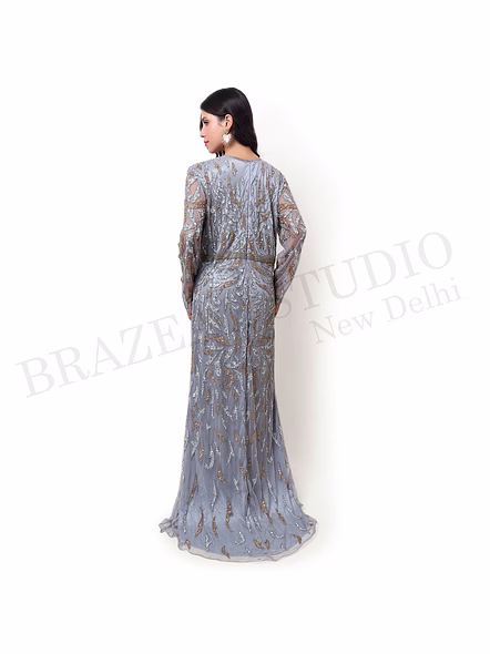 Brazeal Studio, Dresse, Grey With Silver And Gold Embellishment, Women’s Maxi Gown / Evening Dress